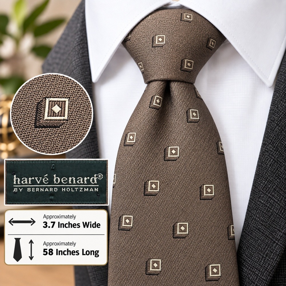 Vinrage Harve Benard by Bernard Holtzman Brown Geometric Square Silk Necktie